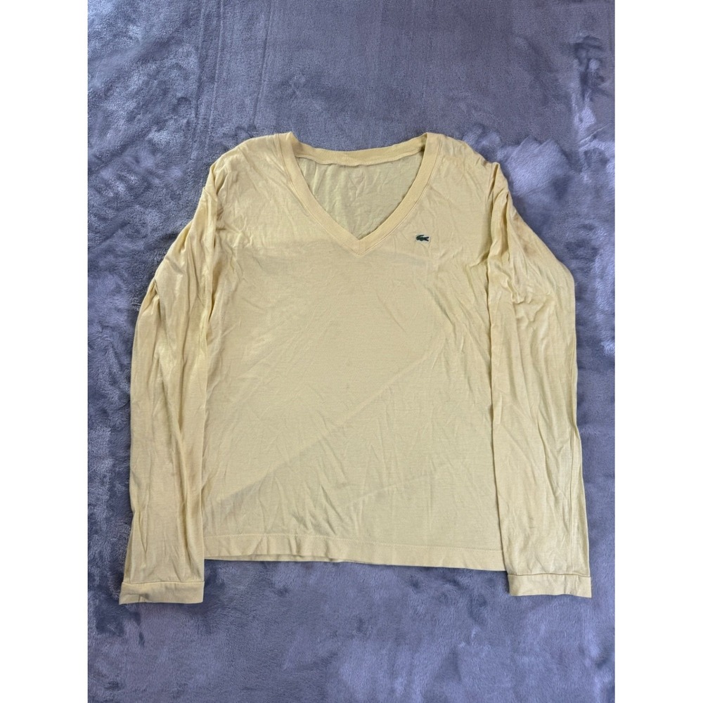 Lacoste T-Shirt Womens M Yellow V-Neck Long Sleeve Classic Fit Logo